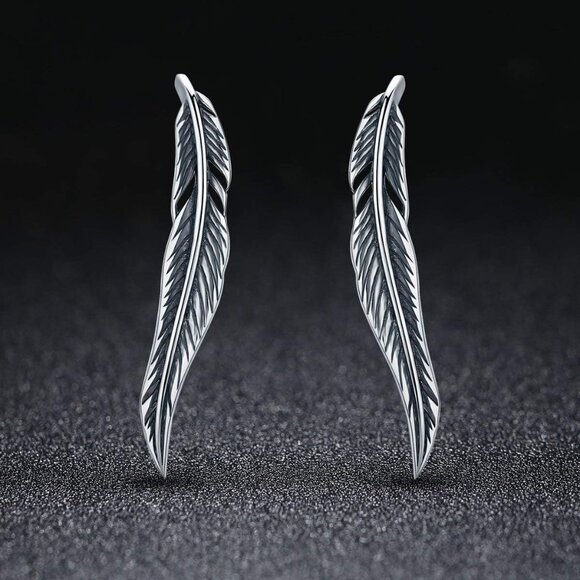 925 Sterling Silver Feather Crawler Earrings for Women Climber Earrings Cuff Ear - Picture 3 of 7